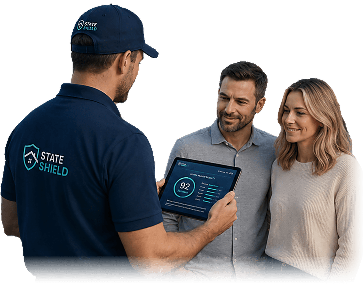 A StateShield technician reviewing a Home Health Score with two homeowners